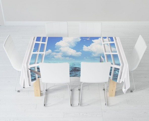 Тканевая 3D скатерть на кухонный стол «Распахнутое в море окно» вид 6