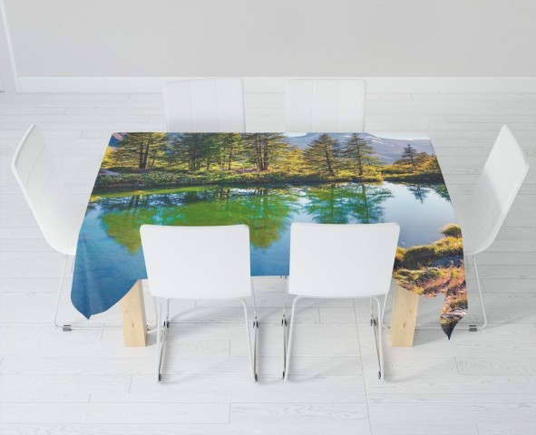 Полотняная 3D скатерть на обеденный стол «Отражение леса в озере» вид 6