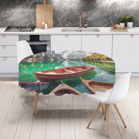 Полотняная 3D скатерть на кухню «Лодочки на горном озере» вид 4