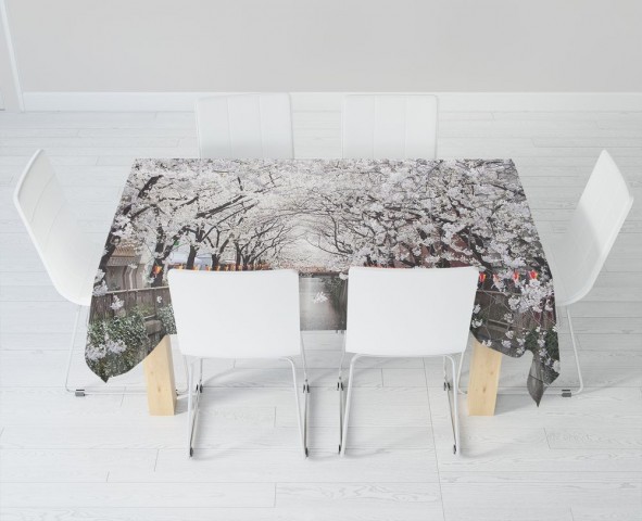 Габардиновая 3D скатерть для стола «Сакура у канала» вид 6