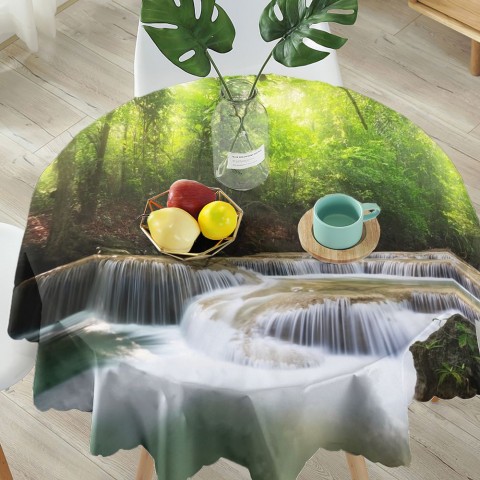 Полотняная скатерть на обеденный стол «Водопад в солнечном лесу» вид 5