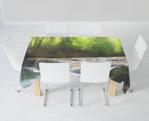 Полотняная скатерть на обеденный стол «Водопад в солнечном лесу» вид 6