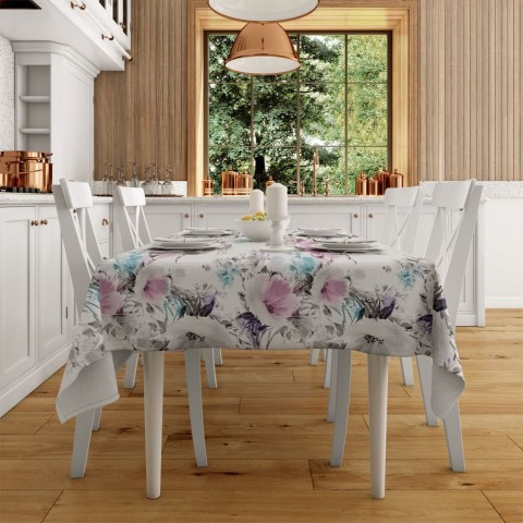 Полотняная скатерть на обеденный стол «Акварельные цветы с сиреневым оттенком» вид 2