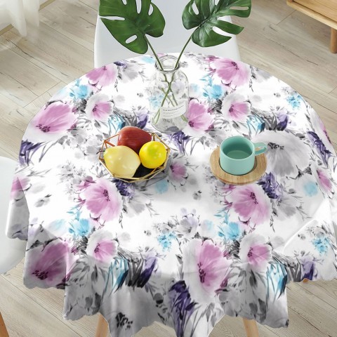 Полотняная скатерть на обеденный стол «Акварельные цветы с сиреневым оттенком» вид 5