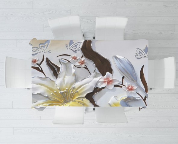 Полотняная 3D скатерть на кухонный стол «Объемные цветы с бабочками» вид 3