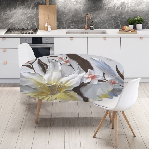 Полотняная 3D скатерть на кухонный стол «Объемные цветы с бабочками» вид 4