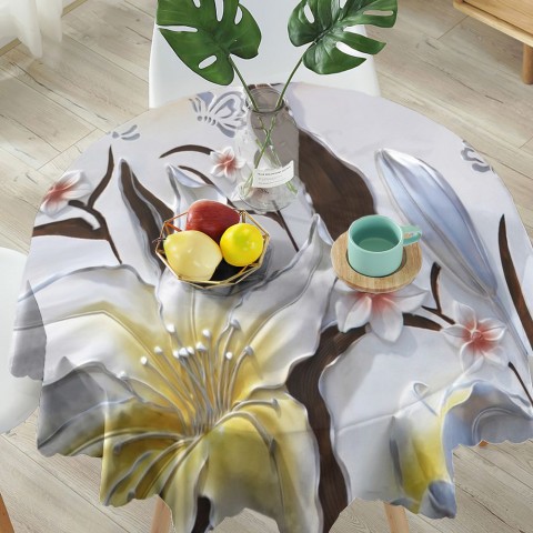 Полотняная 3D скатерть на кухонный стол «Объемные цветы с бабочками» вид 5