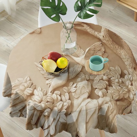 Полотняная 3D скатерть для стола «Журавли резьба по дереву» вид 5
