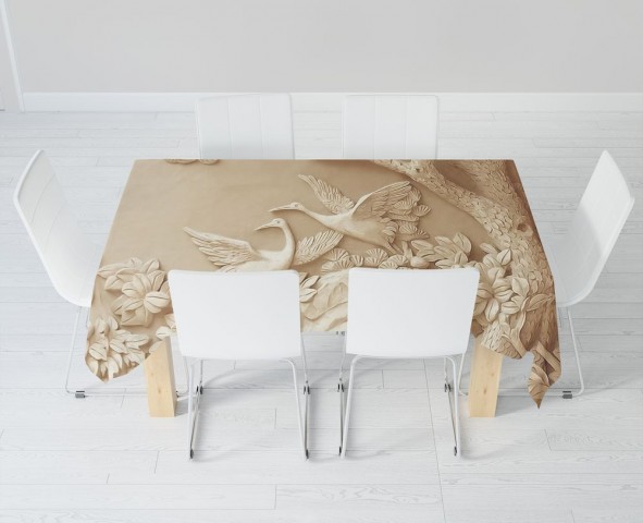 Полотняная 3D скатерть для стола «Журавли резьба по дереву» вид 6