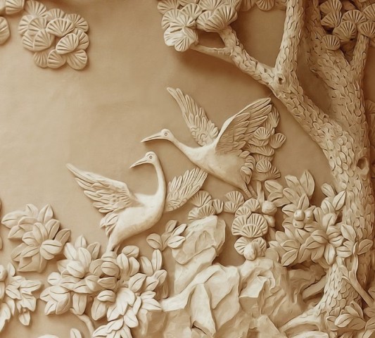 Полотняная 3D скатерть для стола «Журавли резьба по дереву» вид 1