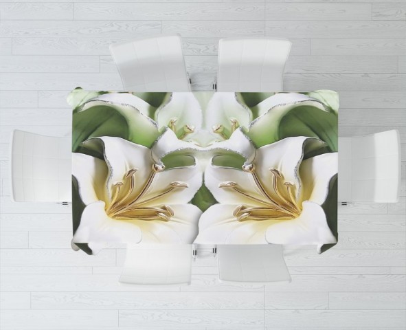 Текстильная 3D скатерть на кухонный стол «Зеленые лилии из керамики» вид 3