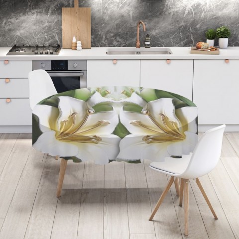 Текстильная 3D скатерть на кухонный стол «Зеленые лилии из керамики» вид 4