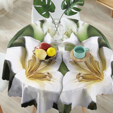 Текстильная 3D скатерть на кухонный стол «Зеленые лилии из керамики» вид 5
