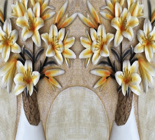 Полотняная скатерть на кухню «Объемные лилии в вазах» вид 1