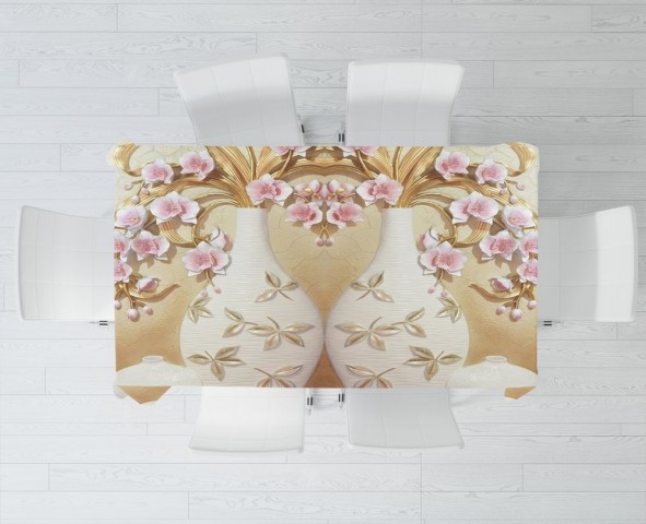Полотняная 3D скатерть на обеденный стол «Вазы с орхидеями» вид 3
