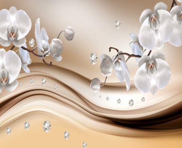 3D Скатерть «Белые орхидеи с бриллиантами» вид 1