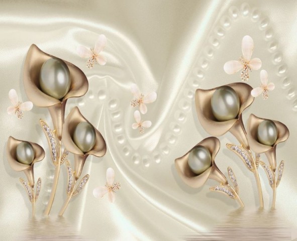 3D Скатерть «Каллы с бабочками под ниткой жемчуга» вид 1