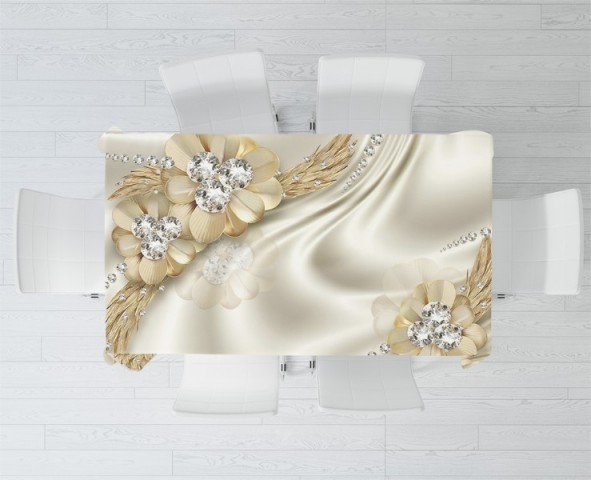 3D Скатерть «Золотые цветы с алмазными серединками» вид 2