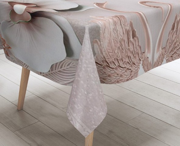 3D Скатерть «Бронзовые лебеди под веткой орхидей» вид 3