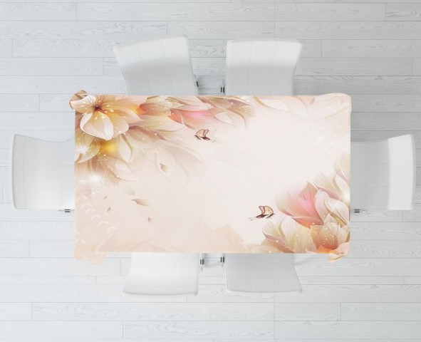 Полотняная 3D скатерть на обеденный стол «Волшебные цветы с бабочками» вид 3