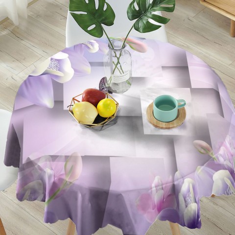 Текстильная скатерть на обеденный стол «Сиреневые цветы с бабочками» вид 5