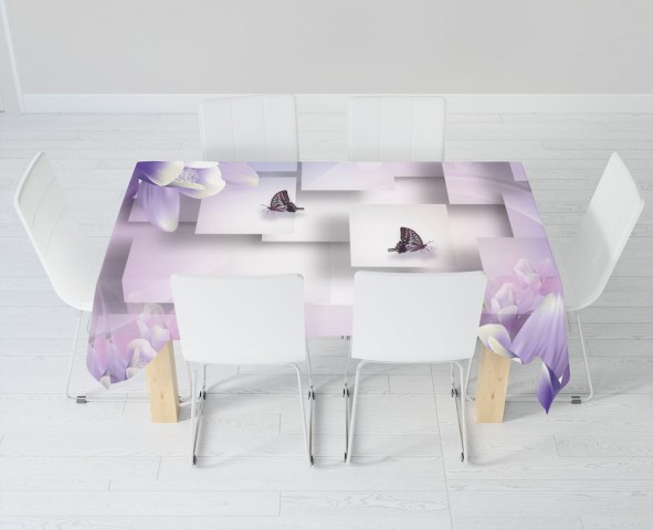 Текстильная скатерть на обеденный стол «Сиреневые цветы с бабочками» вид 6