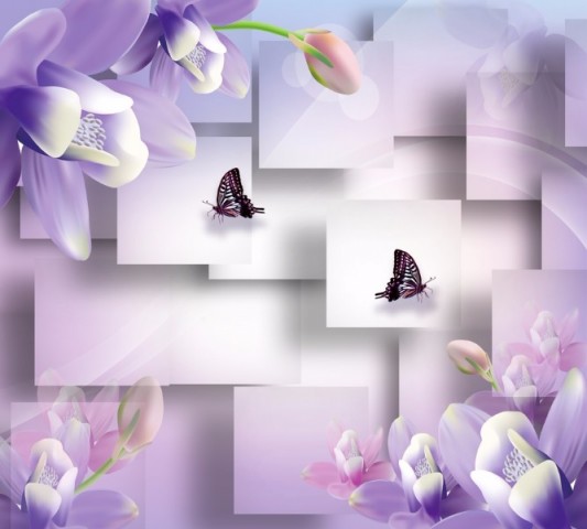 Текстильная скатерть на обеденный стол «Сиреневые цветы с бабочками» вид 1