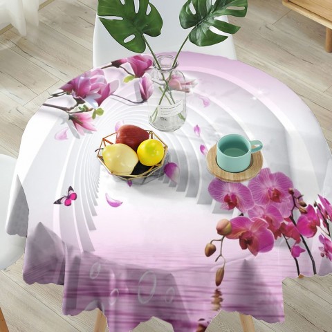 Габардиновая скатерть на обеденный стол «Объемные колонны с цветами» вид 5