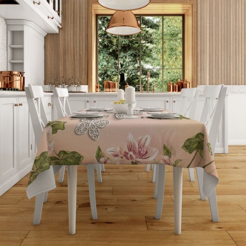 Полотняная скатерть на кухонный стол «Узорчатые цветы на нежном фоне» вид 2