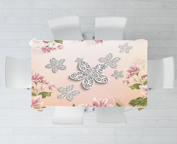 Полотняная скатерть на кухонный стол «Узорчатые цветы на нежном фоне» вид 3
