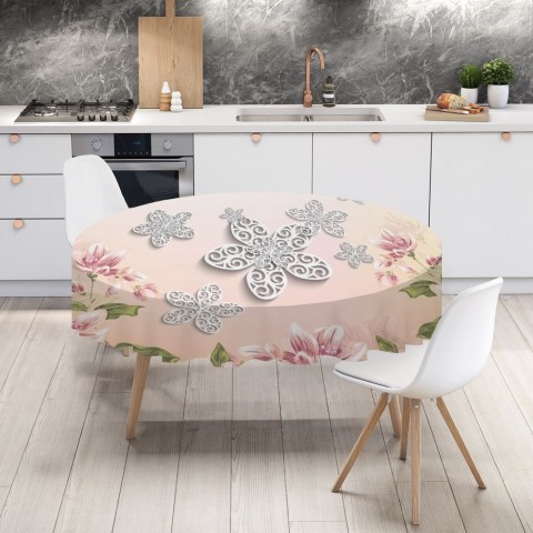 Полотняная скатерть на кухонный стол «Узорчатые цветы на нежном фоне» вид 4