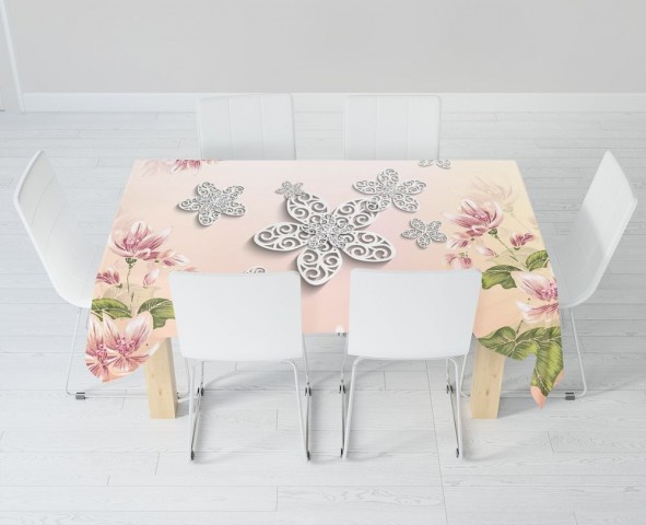 Полотняная скатерть на кухонный стол «Узорчатые цветы на нежном фоне» вид 6