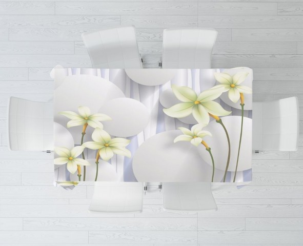 Полотняная 3D скатерть для стола «Нежно-салатовые цветы на объемном фоне» вид 3