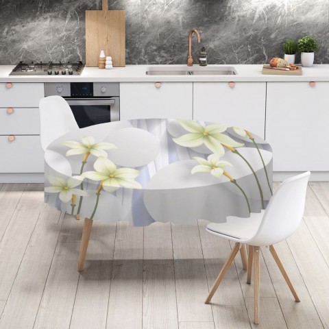 Полотняная 3D скатерть для стола «Нежно-салатовые цветы на объемном фоне» вид 4