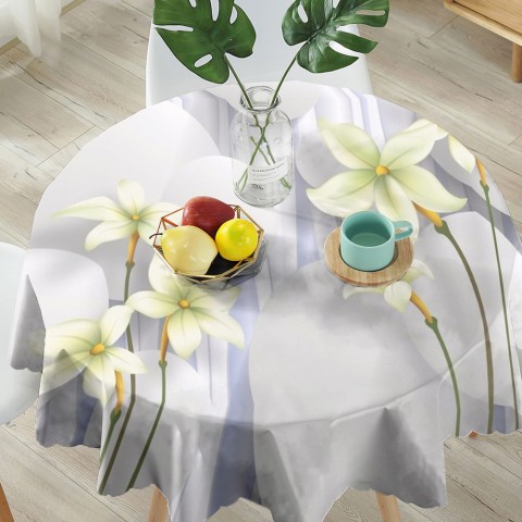 Полотняная 3D скатерть для стола «Нежно-салатовые цветы на объемном фоне» вид 5
