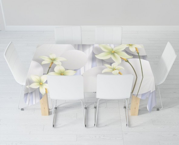 Полотняная 3D скатерть для стола «Нежно-салатовые цветы на объемном фоне» вид 6