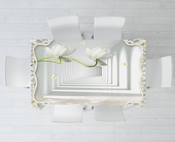 Габардиновая 3D скатерть на кухонный стол «Тоннель с лотосами» вид 3