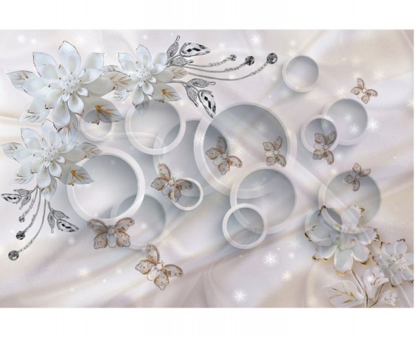 3D Скатерть «Объемные круги с драгоценными цветами и бабочками» вид 1