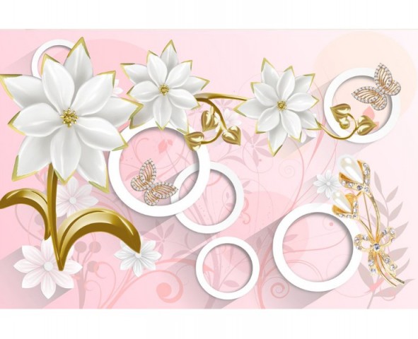 3D Скатерть «Фарфоровые цветы с ювелирными цветами и бабочками» вид 1