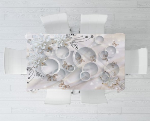 3D Скатерть «Объемные круги с драгоценными цветами и бабочками» вид 2