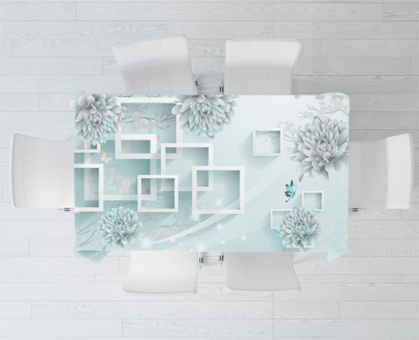 3D Скатерть «Хризантемы в бирюзовом оттенке» вид 2