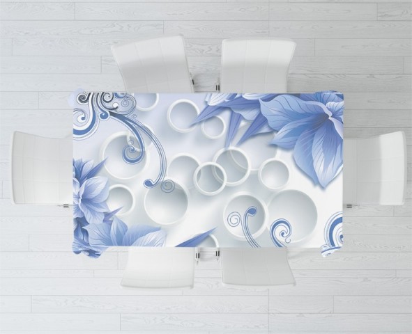 3D Скатерть «Синие цветы на фоне с кругами» вид 2