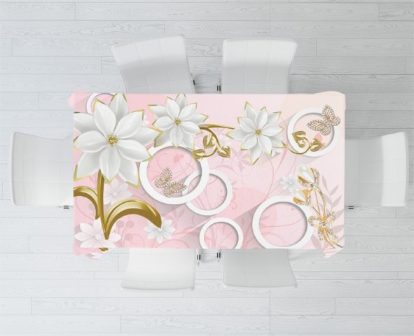 3D Скатерть «Фарфоровые цветы с ювелирными цветами и бабочками» вид 2