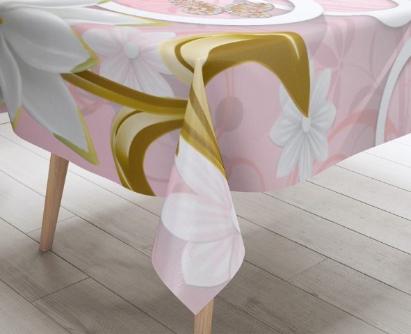 3D Скатерть «Фарфоровые цветы с ювелирными цветами и бабочками» вид 3
