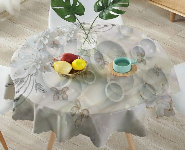 3D Скатерть «Объемные круги с драгоценными цветами и бабочками» вид 4