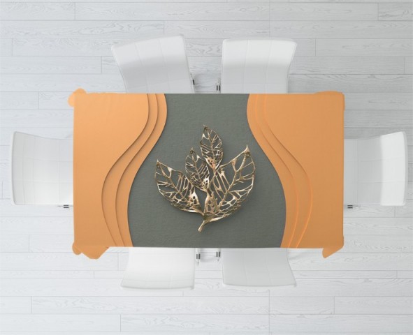 3D Скатерть «Объемная стена с золотыми листьями» вид 2