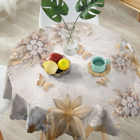 Текстильная фотоскатерть на обеденный стол «Объемные цветы со стразами и бабочками» вид 5