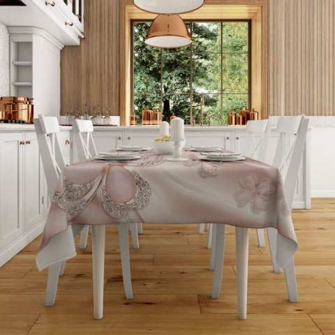 Текстильная 3D скатерть для стола «Клевер с бриллиантами в нежно-розовых тонах» вид 2