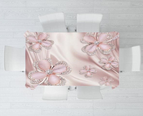 Текстильная 3D скатерть для стола «Клевер с бриллиантами в нежно-розовых тонах» вид 3