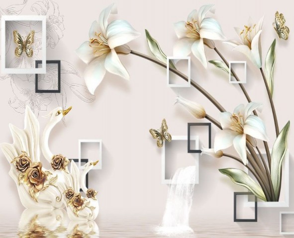 3D Скатерть «Лилии с лебедями на объемном фоне» вид 1